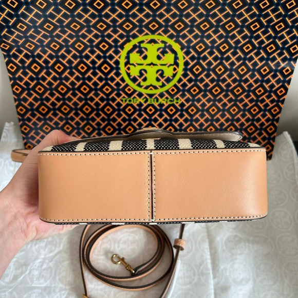 Tory Burch Felix Striped Canvas Mini Flap Shoulder Bag Crossbody Canvas Black - Picture 4 of 11